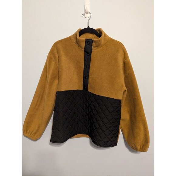 J Crew Quilted Sherpa Womens Med Half Zip Button Brown Color Block Fleece - Picture 1 of 10